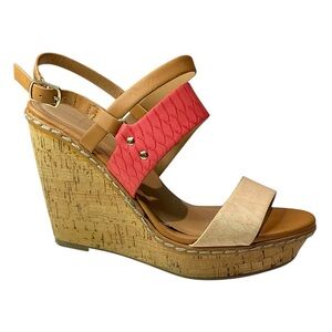 Maurices Tan and Coral Wedge Sandals Size 8